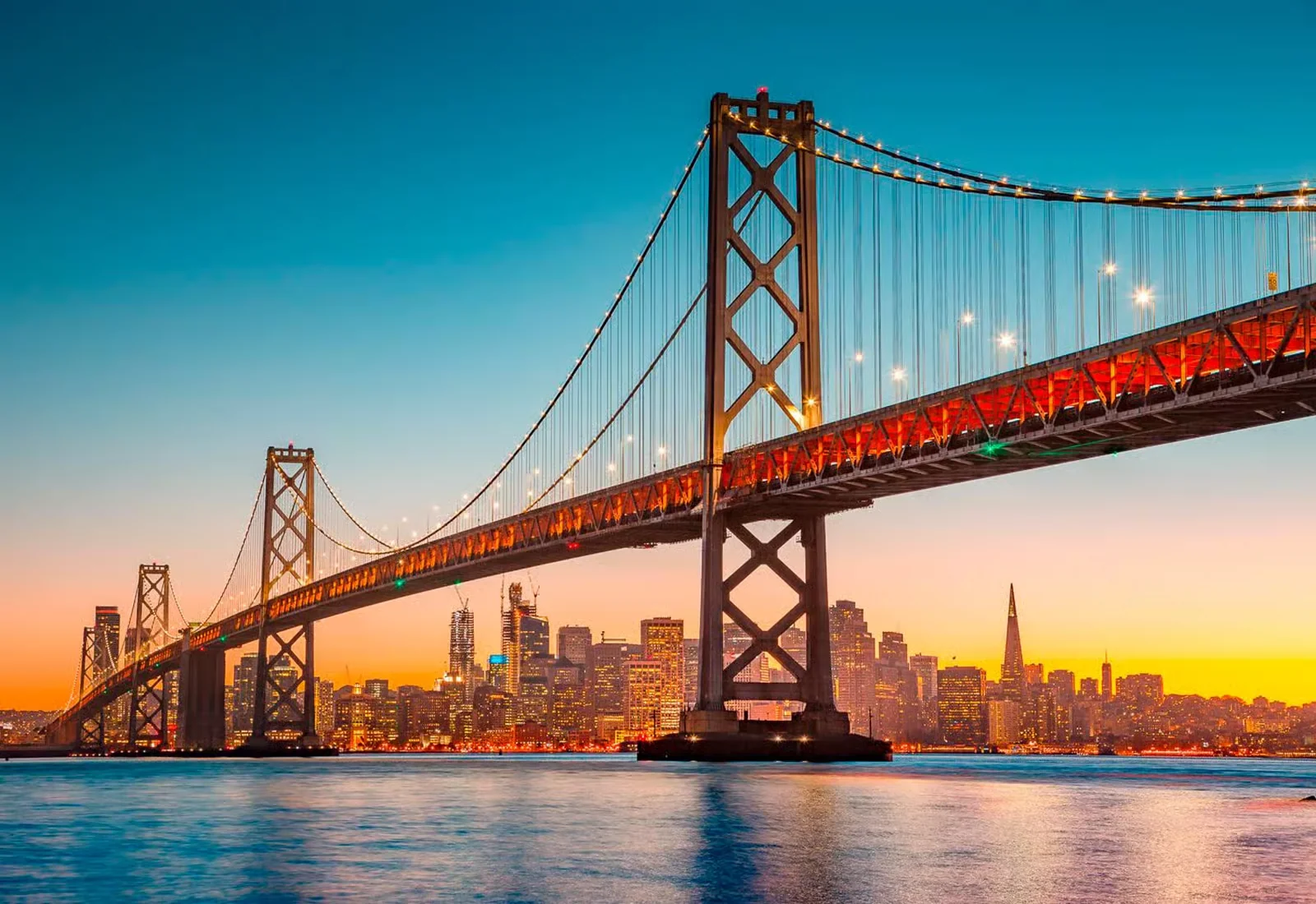 San Francisco Bay Bridge and skyline at dusk